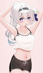 Rule 34 | 1girl, absurdres, alternate hairstyle, armpits, arms up, bare arms, bare shoulders, black hairband, black shorts, blush, camisole, collarbone, commentary, cowboy shot, crop top, crop top overhang, firefly (honkai: star rail), hairband, heart, highres, honkai: star rail, honkai (series), knosdeba, long hair, looking at viewer, midriff, mouth hold, navel, ponytail, purple eyes, shorts, solo, spaghetti strap, standing, stomach, white hair