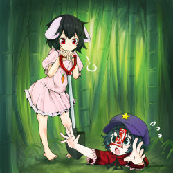 Rule 34 | 2girls, :3, puff of air, animal ears, arms up, bamboo, bare arms, bare legs, barefoot, beret, black eyes, black hair, carrot, carrot necklace, closed mouth, day, dress, fang, floppy ears, flying sweatdrops, hand rest, hands up, hat, head rest, hole, inaba tewi, jakomurashi, jiangshi, looking at another, looking down, looking up, miyako yoshika, multiple girls, necklace, ofuda, open mouth, outdoors, outstretched arms, outstretched hand, pink dress, pitfall, puffy short sleeves, puffy sleeves, rabbit ears, red eyes, shirt, short dress, short hair, short sleeves, shovel, sigh, standing, star (symbol), toes, touhou