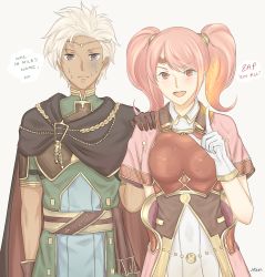 Rule 34 | 1boy, 1girl, armor, artist name, blush, boey (fire emblem), breastplate, brown eyes, cape, circlet, dark skin, electricity, fire emblem, fire emblem echoes: shadows of valentia, gloves, grey background, hakirino, highres, long hair, mae (fire emblem), nintendo, open mouth, pink hair, red eyes, scared, simple background, teeth, twintails, upper body, white hair