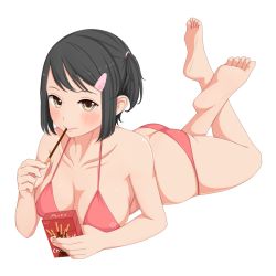 Rule 34 | 1girl, ass, bad id, bad pixiv id, barefoot, bikini, black hair, blush, box, breasts, brown eyes, butt crack, feet, feet up, food, full body, hair ornament, hairclip, iwamochi, large breasts, looking at viewer, lying, mouth hold, on stomach, original, plantar flexion, pocky, short hair, side ponytail, simple background, smile, soles, solo, swimsuit, white background