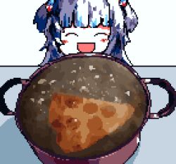 Rule 34 | 1girl, boiling, closed eyes, cooking pot, downvote (downvote me), facing viewer, food, gawr gura, grey hair, hair ornament, hololive, hololive english, medium hair, multicolored hair, open mouth, pizza, shark hair ornament, short twintails, simple background, smile, solo, streaked hair, twintails, two-tone hair, virtual youtuber, white background