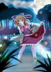 Rule 34 | 1girl, bad id, bad pixiv id, bow, brown hair, brown theme, detached sleeves, female focus, hair bow, hakurei reimu, highres, japanese clothes, leaning, long hair, miko, moon, nature, night, outdoors, sky, smile, solo, ss (curry 310), touhou, tree, water, yellow eyes