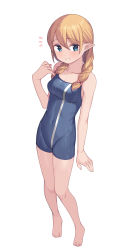 Rule 34 | 1girl, aqua eyes, bare arms, bare legs, bare shoulders, barefoot, blonde hair, blue one-piece swimsuit, blush, breasts, collarbone, commentary request, covered navel, full body, highres, long hair, looking at viewer, one-piece swimsuit, original, parted lips, pointy ears, revision, saiste, simple background, small breasts, solo, swimsuit, white background