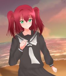 Rule 34 | 1girl, aqua eyes, artist name, artist request, beach, black sailor collar, black shirt, black skirt, blush, breasts, cloud, day, female focus, green eyes, hair between eyes, highres, kurosawa ruby, long sleeves, looking at viewer, love live!, love live! sunshine!!, miniskirt, necktie, ocean, outdoors, parted lips, plaid, plaid skirt, pleated, pleated skirt, red hair, sailor collar, shirt, short hair, skirt, sky, small breasts, smile, solo, sunset, twintails, two side up, white necktie