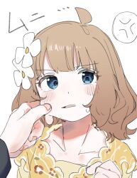 Rule 34 | 1boy, 1girl, absurdres, ahoge, anger vein, blue eyes, blush, brown hair, clenched hand, collarbone, commentary request, dress, fingernails, flower, hair flower, hair ornament, hetero, highres, idolmaster, idolmaster million live!, looking at viewer, meeeeeeco359, pov, pov hands, producer (idolmaster), simple background, suou momoko, white background, yellow dress