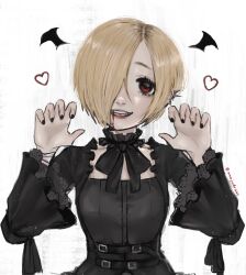 Rule 34 | 1girl, anajudraws, belt, black belt, black nails, blonde hair, blood, blood on face, breasts, ear piercing, fangs, goth fashion, hair over one eye, hands up, heart, highres, idolmaster, idolmaster cinderella girls, idolmaster cinderella girls starlight stage, long sleeves, piercing, red eyes, shirasaka koume, short hair, simple background, small breasts, solo, tongue piercing, upper body, white background