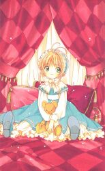 Rule 34 | 1990s (style), 1girl, blue dress, bonnet, bow, cardcaptor sakura, clamp (circle), curtains, dress, frilled dress, frills, headdress, kinomoto sakura, lolita fashion, looking at viewer, mary janes, official art, outstretched legs, retro artstyle, shoes, sitting, smile, solo, spread legs, stuffed animal, stuffed toy, teddy bear, white bow