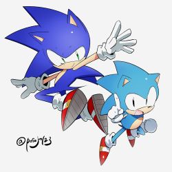 Rule 34 | 2boys, artist name, dual persona, gloves, green eyes, hedgehog, looking at viewer, male focus, multiple boys, open mouth, posojo123, shoes, signature, simple background, smile, sneakers, sonic the hedgehog, sonic generations, sonic (series), sonic the hedgehog (classic), twitter username