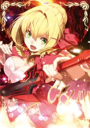Rule 34 | 10s, 1girl, :d, aestus estus, blonde hair, blush, breasts, cleavage, commentary request, dress, epaulettes, fate/extra, fate (series), green eyes, hair between eyes, holding, holding sword, holding weapon, juliet sleeves, long sleeves, looking at viewer, medium breasts, nero claudius (fate), nero claudius (fate) (all), nero claudius (fate/extra), open mouth, puffy sleeves, red dress, smile, solo, sparkling eyes, sword, v-shaped eyebrows, weapon, wide sleeves, yuuzii