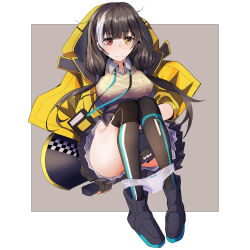 Rule 34 | 1girl, ankle boots, black footwear, black hair, black skirt, blush, boots, breasts, closed mouth, collared shirt, girls&#039; frontline, heterochromia, highres, jacket, large breasts, long hair, multicolored hair, panties, panties around ankles, panty pull, pleated skirt, red eyes, reraise, ro635 (girls&#039; frontline), shirt, skirt, solo, streaked hair, sweater, twintails, two-tone hair, underwear, wavy mouth, white hair, white panties, white shirt, yellow eyes, yellow jacket, yellow sweater