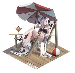 Rule 34 | 1girl, absurdres, adjusting eyewear, alternate costume, ball, beachball, bikini, black bikini, black footwear, blanc (nikke), chair, commentary request, crossed legs, fang, folding chair, goddess of victory: nikke, hallo (rltkdydrltk), highres, korean commentary, long hair, looking at viewer, on chair, open mouth, parfait, simple background, sitting, skin fang, smile, solo, sunglasses, swimsuit, very long hair, white background, white hair, yellow eyes