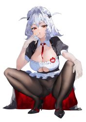 Rule 34 | 1girl, absurdres, badge, between breasts, black footwear, black pantyhose, breasts, cigarette, cleavage, cleavage cutout, clothing cutout, detached collar, gloves, grey hair, high-waist pantyhose, high heels, highres, holding, holding cigarette, ichibi, large breasts, looking at viewer, maid, maid headdress, medium hair, open mouth, original, panties, pantyhose, puffy short sleeves, puffy sleeves, red eyes, shoes, short sleeves, simple background, smoking, solo, squatting, underboob, underboob cutout, underwear, white background, white gloves, white panties