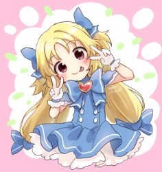 Rule 34 | :p, asukaru (magika ru), blonde hair, blue bow, blue bowtie, blue dress, blue ribbon, blush, bow, bowtie, buttons, closed mouth, clothing cutout, collared dress, dated, degarashi mana, double v, dress, frilled dress, frills, gloves, hair ribbon, head tilt, heart, heart-shaped gem, highres, long hair, looking at viewer, magia record: mahou shoujo madoka magica gaiden, magical girl, mahou shoujo madoka magica, no legs, no nose, parted bangs, pink eyes, pleated dress, red heart, ribbon, short dress, short sleeves, shoulder cutout, sidelocks, signature, smile, tongue, tongue out, twintails, upper body, v, very long hair, virtual youtuber, white gloves