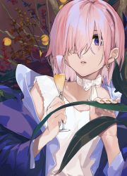 Rule 34 | 1girl, alternate costume, collarbone, earrings, fate/grand order, fate (series), gold nails, hair over one eye, highres, jewelry, la-na, looking at viewer, mash kyrielight, pink hair, purple eyes, short hair, solo