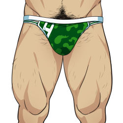 Rule 34 | 1boy, bara, briefs, bulge, clothes writing, green male underwear, hairy, koji (wildlhz), leg hair, lower body, male focus, male pubic hair, male underwear, male underwear writing, mature male, muscular, muscular male, navel hair, original, print clothes, print male underwear, print underwear, pubic hair, simple background, solo, thick thighs, thighs, thong, underwear, underwear only, underwear writing, white background