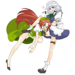 Rule 34 | 2girls, bad id, bad pixiv id, beniko, dress, female focus, full body, hong meiling, immaterial and missing power, izayoi sakuya, knife, maid, multiple girls, panties, pantyshot, red hair, simple background, skirt, thigh strap, throwing knife, touhou, underwear, weapon, white background, white hair