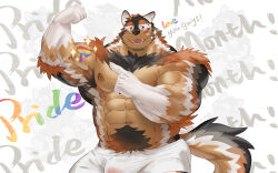Rule 34 | 1boy, :d, abs, absurdres, bara, biceps, black fur, boogbogex, boxers, brown fur, bulge, chest tuft, dog boy, english text, excessive pubic hair, feet out of frame, flexing, furry, furry male, gradient fur, haki (boogbogex), highres, large bulge, large pectorals, lgbt pride, looking at viewer, male focus, male underwear, muscle awe, muscular, muscular male, nipples, notched ear, open mouth, orange fur, original, pectorals, pointing, pointing at self, pride month, pubic hair, rainbow flag tattoo, rainbow gradient, short hair, smile, solo, sparkle, stomach, topless male, underwear, whiskers, white male underwear