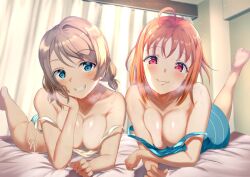 Rule 34 | 2girls, ahoge, ass, bare shoulders, barefoot, bed, bikini, blue dress, blue eyes, breasts, brown hair, cleavage, closed mouth, double strap slip, dress, facing viewer, feet, feet up, grin, hand on own cheek, hand on own face, light blush, love live!, love live! sunshine!!, lying, medium breasts, medium hair, multiple girls, on bed, on stomach, orange hair, ponnu (nikeytina), red eyes, short hair, side-tie bikini bottom, smile, smirk, smug, soles, sparkle background, steam, strap slip, striped clothes, striped dress, sweat, swimsuit, takami chika, toes, watanabe you