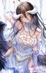 Rule 34 | 1girl, absurdres, ahoge, albedo (overlord), arm behind head, arm up, black hair, black wings, breasts, cleavage, closed mouth, demon horns, detached collar, dress, feathered wings, gloves, hair between eyes, highres, horns, large breasts, long hair, looking at viewer, low wings, noyu (noyu23386566), overlord (maruyama), solo, very long hair, white dress, white gloves, wings, yellow eyes