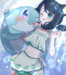Rule 34 | 1girl, absurdres, affectionate, black hair, blush, commentary request, creatures (company), game freak, green eyes, hand up, highres, liko (pokemon), navel, nintendo, one eye closed, open mouth, palafin, pokemon, pokemon (anime), pokemon (creature), pokemon horizons, short ponytail, smile, swimsuit, tomu (adamu shiny), underwater