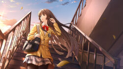 1girl bag belt black_bag blue_sky bow bowtie brown_eyes brown_hair brown_jacket character_request collared_shirt commentary_request hair_spread_out highres holding holding_bag jacket long_hair looking_to_the_side on_stairs pantyhose persona persona_5 persona_5:_the_phantom_x pleated_skirt red_bow red_bowtie shirt shoulder_bag skirt sky solo stairs werkbau white_shirt