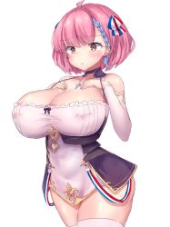 Rule 34 | 1girl, ass, azur lane, bare shoulders, braid, braided bangs, breasts, cleavage, covered erect nipples, cross, cross necklace, detached sleeves, earrings, fleur-de-lis, french flag, hands on own chest, highres, huge breasts, jewelry, miniskirt, multicolored hair, necklace, no bra, skirt, solo, streaked hair, tartu (azur lane), thighhighs, white sleeves, white thighhighs, yuuki shuri