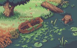 Rule 34 | algae, artist name, boat, commentary, day, elenanazaire, english commentary, flower, grass, lily pad, log, moss, no humans, original, outdoors, pixel art, plant, red flower, scenery, tree, tree stump, water, watercraft