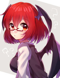 Rule 34 | 1girl, :/, ?, ??, bat wings, bespectacled, black vest, blush, breasts, closed mouth, from side, glasses, grey background, head wings, koakuma, long sleeves, looking at viewer, medium breasts, necktie, red eyes, red hair, red necktie, renka (sutegoma25), semi-rimless eyewear, shirt, short hair, simple background, solo, touhou, upper body, vest, white shirt, wings