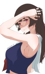 Rule 34 | 1girl, armpits, black hair, breasts, choukai (kancolle), from side, glasses, hand in own hair, kantai collection, long hair, looking at viewer, red eyes, rimless eyewear, school uniform, serafuku, simple background, sleeveless, solo, twitter username, upper body, white background, yamaioni (sasakama)