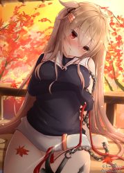 Rule 34 | 1girl, ahoge, anchor, asymmetrical clothes, autumn, autumn leaves, blush, breasts, brown eyes, closed mouth, giraffe (ilconte), hair between eyes, hair flaps, hair ornament, hair ribbon, heterochromia, highres, kantai collection, large breasts, leaf, light brown hair, long hair, looking at viewer, murasame (kancolle), murasame kai ni (kancolle), neckerchief, no panties, red eyes, ribbon, school uniform, serafuku, sitting, smile, solo, tree, twintails
