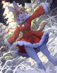 Rule 34 | 1girl, alternate costume, animal ears, bow, brown eyes, christmas, christmas lights, christmas ornaments, christmas tree, coat, commentary request, dark, dhole (kemono friends), dog ears, dog girl, dog tail, fangs, fur trim, gloves, green bow, hair bow, hair ornament, highres, kemono friends, kemono friends 3, koruse, light brown hair, long sleeves, multicolored bow, multicolored hair, neck ribbon, night, open mouth, pantyhose, red bow, red coat, ribbon, santa costume, short hair, snow, solo, star (symbol), star hair ornament, tail, white gloves, white hair, white pantyhose