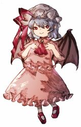 Rule 34 | 1girl, ascot, bat wings, dress, frills, hat, highres, mob cap, oftooon, pointy ears, red ascot, red eyes, red ribbon, remilia scarlet, ribbon, short hair, simple background, smile, solo, touhou, white background, white dress, wings