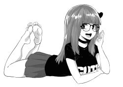 Rule 34 | 1girl, :d, barefoot, blunt bangs, breasts, choker, dakota (dkooters), feet, feet up, full body, glasses, greyscale, hair ornament, highres, legs, long hair, looking at viewer, lying, miniskirt, monochrome, norman maggot, on stomach, open mouth, original, petite, pleated skirt, shirt, simple background, skirt, smile, soles, solo, t-shirt, the pose, thighs, toes, white background