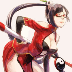 Rule 34 | 1girl, arc system works, black hair, blazblue, blazblue: calamity trigger, breasts, cleavage, glasses, lao jiu, large breasts, lipstick, litchi faye ling, makeup, oca, ponytail, red eyes, side slit, smile, solo, staff