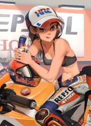 Rule 34 | 1girl, abs, absurdres, baseball cap, biker clothes, bikesuit, black sports bra, bodysuit, breasts, brown eyes, brown hair, can, cleavage, commentary request, covered erect nipples, drink can, fingernails, hat, helmet, highres, honda, licking lips, long hair, medium breasts, motor vehicle, motorcycle, narrow waist, navel, on motorcycle, open bodysuit, open clothes, original, product placement, red bull, rifleman1130, soda can, solo, sponsor, sports bra, tongue, tongue out, unworn headwear, unworn helmet, unzipped