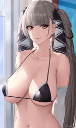 Rule 34 | 1girl, absurdres, azur lane, bare shoulders, bikini, black bikini, blush, breasts, cleavage, collarbone, elbow gloves, formidable (azur lane), frilled bikini, frills, gloves, grey hair, highres, large breasts, long hair, looking at viewer, navel, parted lips, red eyes, ribbon, solo, strap gap, swimsuit, twintails, two-tone ribbon, very long hair, white gloves, window, zaphn