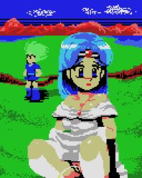 Rule 34 | 1boy, 1girl, 4bpp, bare shoulders, black gloves, blue eyes, blue footwear, blue hair, blue sky, blue tunic, blush, boots, breasts, cleavage, cleft of venus, cloud, collarbone, dress, gloves, grass, green hair, kelesis (maou golvellius), looking to the side, maou golvellius, medium breasts, mountain, msx, no panties, open mouth, peeing, pixel art, princess rena (maou golvellius), pussy, retro artstyle, saiwai hiroshi, sega, short hair, sky, sleeveless, sleeveless dress, squatting, white dress, white footwear