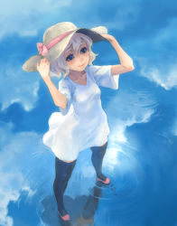 Rule 34 | 1girl, blonde hair, blue eyes, cloud, day, dress, female focus, full body, hat, holding, holding clothes, holding hat, lowres, original, outdoors, reflection, sky, solo, thighhighs, water, water world, weno, weno&#039;s blonde original character