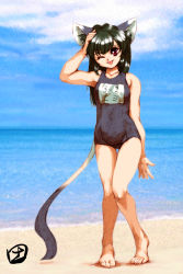 Rule 34 | 1girl, :p, animal ears, barefoot, beach, black one-piece swimsuit, day, full body, green hair, hand on own head, heel up, hisahiko, long hair, name tag, one-piece swimsuit, one eye closed, outdoors, red eyes, school swimsuit, school uniform, serafuku, solo, swimsuit, tail, tongue, tongue out, wink