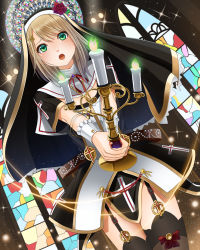 Rule 34 | 1girl, black thighhighs, blonde hair, candle, candlelight, candlestand, cross, eyebrows, feet out of frame, female focus, fire, flower, garter straps, green eyes, green fire, hair ornament, hairclip, highres, kentaurosu, legs together, looking at viewer, medium hair, nun, open mouth, original, own hands together, rose, solo, stained glass, standing, thighhighs, wrist cuffs