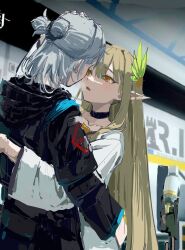 Rule 34 | 1girl, 1other, after kiss, arknights, benrenyiresiyoushiqingshaozhi, blonde hair, blush, coat, doctor (arknights), elf, feather hair ornament, feathers, grey hair, hair ornament, highres, kiss, lab coat, long hair, muelsyse (arknights), open mouth, orange eyes, pointy ears, saliva, saliva trail, techwear, very long hair, white coat