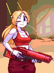 Rule 34 | 1girl, android, bare shoulders, belt, blonde hair, blue eyes, breasts, cleavage, closed mouth, collarbone, crop top, curly brace, doukutsu monogatari, female focus, finger on trigger, gun, happy, headphones, heart, holding, holding gun, holding weapon, jaggy lines, joints, long hair, looking at viewer, medium breasts, midriff, one eye closed, pants, red pants, red shirt, rifle, robot joints, shirt, sleeveless, sleeveless shirt, smile, solo, standing, two-handed, wamudraws, weapon, wink