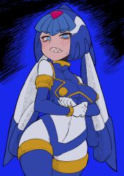 Rule 34 | 1girl, absurdres, android, armor, blue armor, blue background, blue eyes, blue helmet, blue sleeves, blue vest, blush, bodysuit, boots, breasts, buzzlyears, covered navel, cowboy shot, crop top, crotch plate, detached sleeves, fairy leviathan (mega man), forehead jewel, helmet, highres, looking at viewer, medium breasts, mega man (series), mega man zero (series), sharp teeth, simple background, solo, teeth, thigh boots, vest, white bodysuit