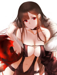 Rule 34 | 1girl, absurdres, an yasuri, black dress, blunt bangs, blurry, breasts, brown hair, center opening, choker, cleavage, dress, ear piercing, fate/grand order, fate (series), fur collar, hair between eyes, highres, large breasts, long hair, looking at viewer, navel, piercing, red eyes, revealing clothes, sidelocks, simple background, solo, white background, yu mei-ren (fate)
