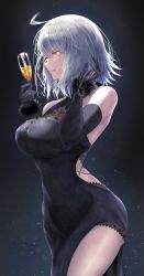 Rule 34 | absurdres, ahoge, black dress, breasts, cleavage, dress, drink, elbow gloves, fate/grand order, fate (series), fur-trimmed gloves, fur trim, gloves, highres, holding, holding drink, jeanne d&#039;arc (fate), jeanne d&#039;arc alter (avenger) (fate), jeanne d&#039;arc alter (fate), large breasts, penguintake, short hair, silver hair, sky, solo, star (sky), starry sky, tsurime, yellow eyes