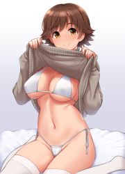 Rule 34 | 1girl, bikini, breasts, brown hair, brown sweater, clothes lift, female focus, gradient background, grey background, highres, honda mio, idolmaster, idolmaster cinderella girls, large breasts, lifted by self, looking at viewer, navel, short hair, sitting, solo, sweater, sweater lift, swimsuit, thighhighs, tomajiyama, white bikini, white thighhighs, yellow eyes