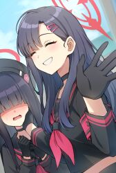 Rule 34 | 2girls, armband, beret, black gloves, black hair, black headwear, black sailor collar, black serafuku, black shirt, blue archive, blunt bangs, blush, breasts, choker, closed eyes, commentary request, gloves, grin, hair ornament, hair over eyes, hairclip, halo, hat, highres, ichika (blue archive), justice task force member (blue archive), large breasts, long hair, long sleeves, multiple girls, neckerchief, open mouth, red neckerchief, sailor collar, school uniform, serafuku, shirt, small breasts, smile, somechime (sometime1209), wavy mouth