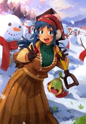 Rule 34 | 1girl, :d, beanie, blue eyes, blue hair, blush, brown gloves, brown skirt, cloud, commentary, creatures (company), dawn (pokemon), day, double v, fence, game freak, gen 4 pokemon, gloves, green sweater, hands up, hat, highres, holding, holding shovel, jacket, khyle., long hair, looking at viewer, nintendo, open mouth, outdoors, partially unzipped, pleated skirt, pokemon, pokemon (creature), pokemon bdsp, red headwear, red scarf, scarf, shovel, skirt, sky, smile, snow, snowman, standing, sweater, team galactic grunt, teeth, tongue, turtwig, upper teeth only, v, when you see it