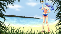 Rule 34 | 1girl, alternate costume, alternate hairstyle, ass, back, bare legs, bare shoulders, beach, bead bracelet, beads, bikini, blue bikini, blue hair, bracelet, breasts, cloud, commentary, day, english commentary, floating, floating object, floating rock, food, from behind, fruit, full body, hair ribbon, hand on own hip, highres, hinanawi tenshi, horizon, island, jewelry, keystone, kneepits, looking at viewer, looking back, mountainous horizon, no headwear, no headwear, ocean, aged up, outdoors, peach, ponytail, rainbow bracelet, rakkidei, red eyes, red ribbon, ribbon, short hair with long locks, sky, slippers, small breasts, solo, standing, summer, swimsuit, touhou, twitter username, water, watermark