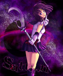 Rule 34 | 1990s (style), 1girl, bishoujo senshi sailor moon, bob cut, boots, bow, circlet, elbow gloves, from behind, gloves, highres, holding, holding polearm, holding spear, holding weapon, index finger raised, looking back, magical girl, name connection, object namesake, pleated skirt, polearm, purple eyes, purple footwear, purple hair, purple skirt, purple theme, retro artstyle, sailor saturn, saturn (planet), silence glaive, skirt, solo, space, spear, taka (tamtam na), tomoe hotaru, weapon, white gloves